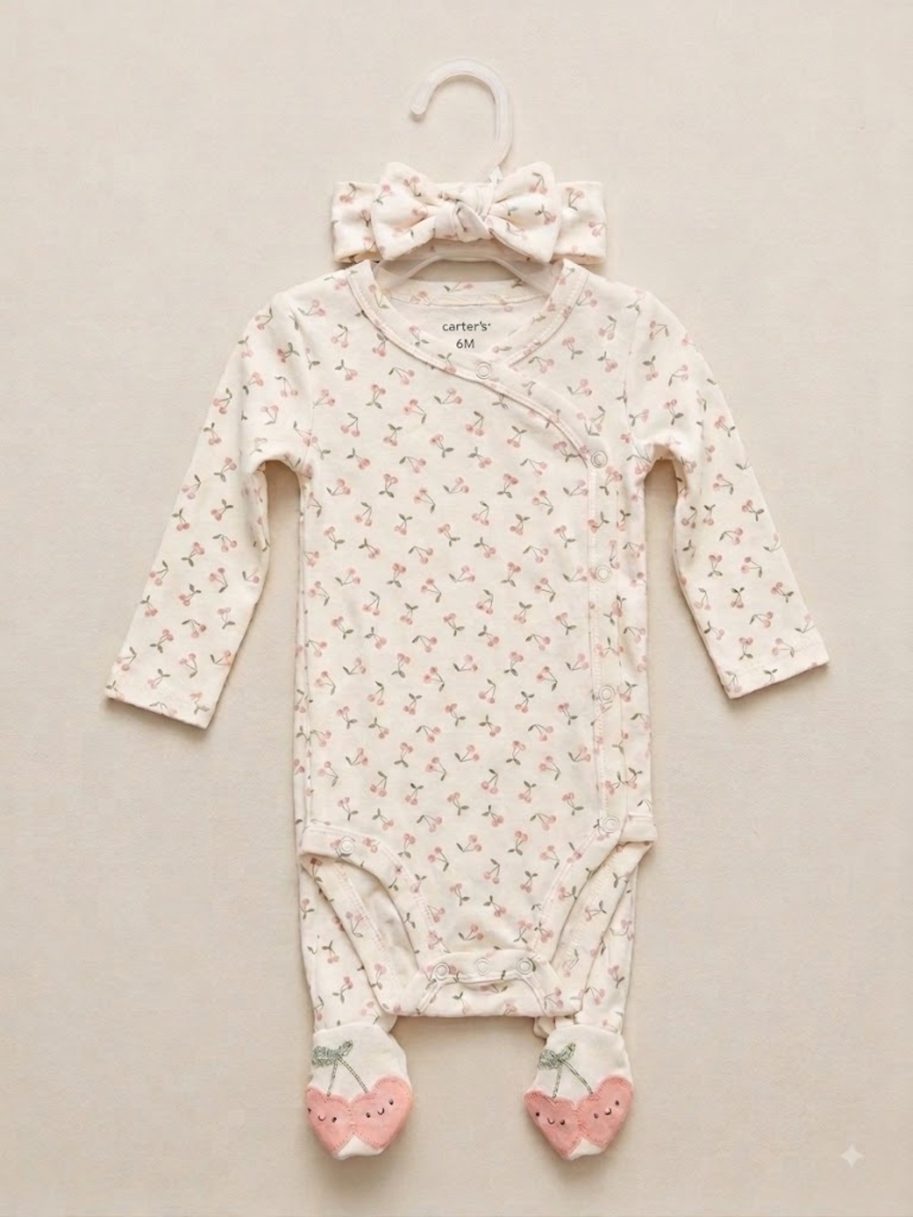 Carter's Cream and Pink Cherry-Print Footed One-Piece with Bow Headband